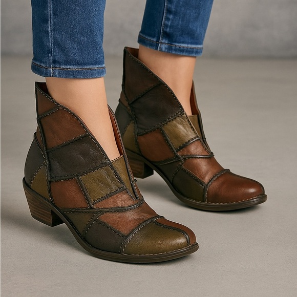 Sheridan Mia Patchwork Leather Ankle Boots 39 Brown Multicolor Boho Artisan Heel - Picture 1 of 11